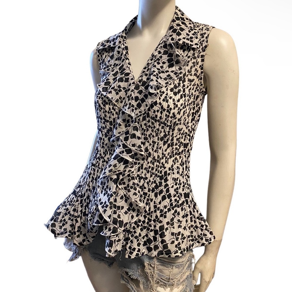 Vintage Y2K Floral Print Crinkle Textured Sleeveless Button Down Top Sz M